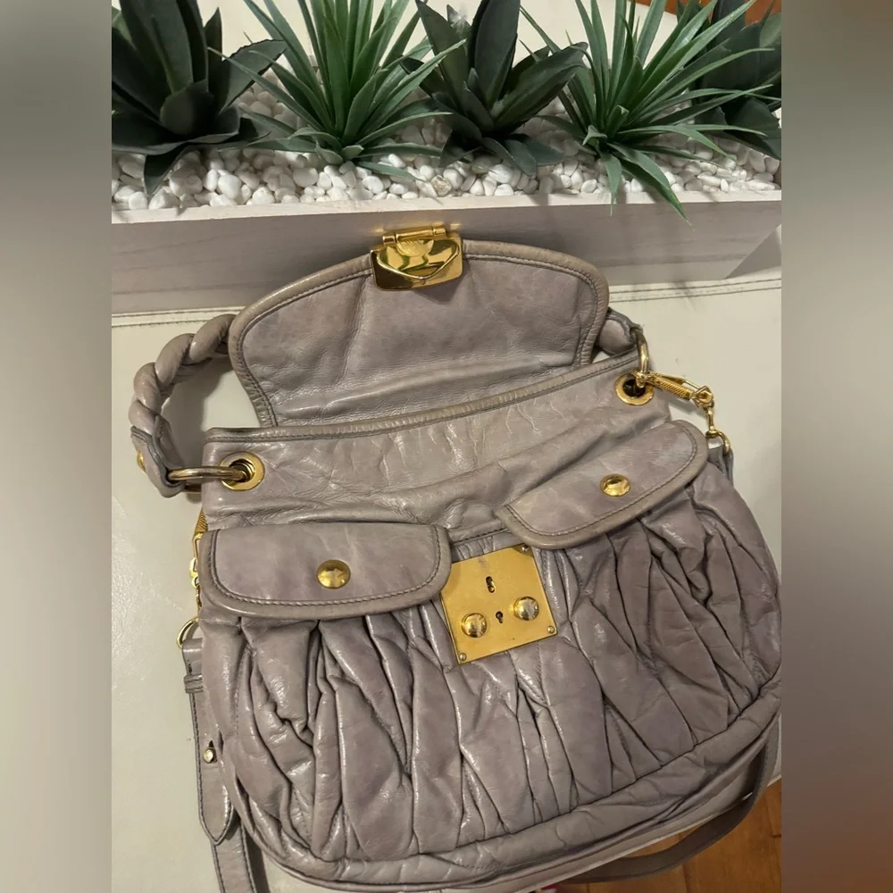 Miu Miu Gray Leather Handbag with Gold Accents - Picture 12 of 14